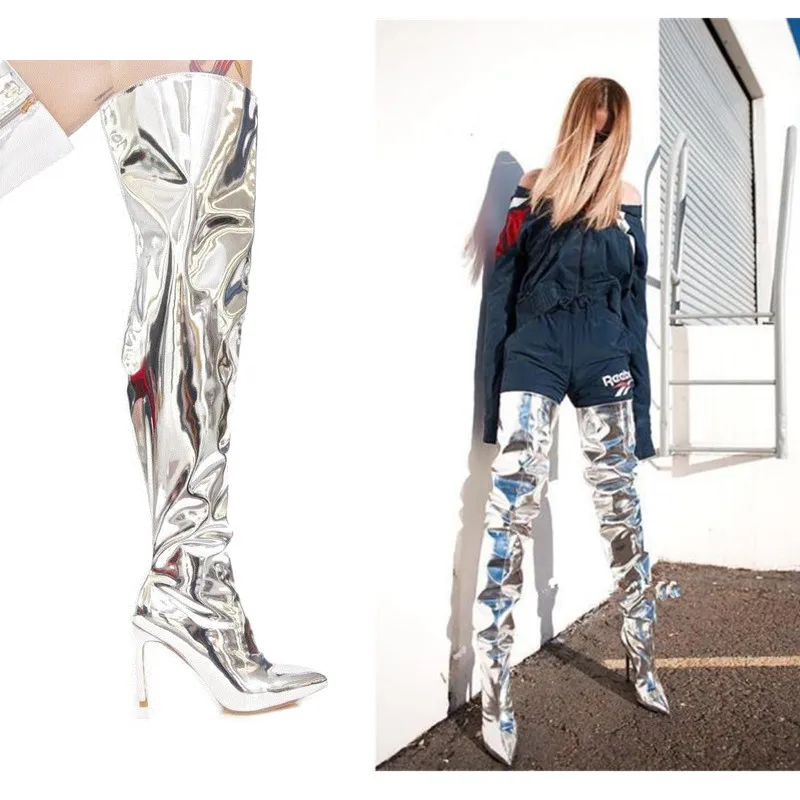 Ladies silver patent leather over the knee boots sexy nightclub party shoes high heels platform women silver thigh high boots