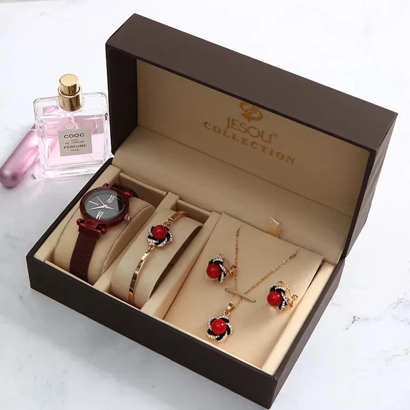 

2020 5Pcs Sets Women's Watches Fashion Ladies Watch Quartz Wrist Watch Bracelet Earrings Necklace Women Watches Female Clock