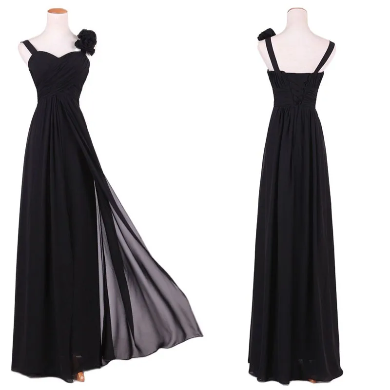 Stock Clear Black A Line Chiffon Pleat Flowers Elegant Spaghetti Bridesmaid Dresses Wedding Party Evening Formal Prom