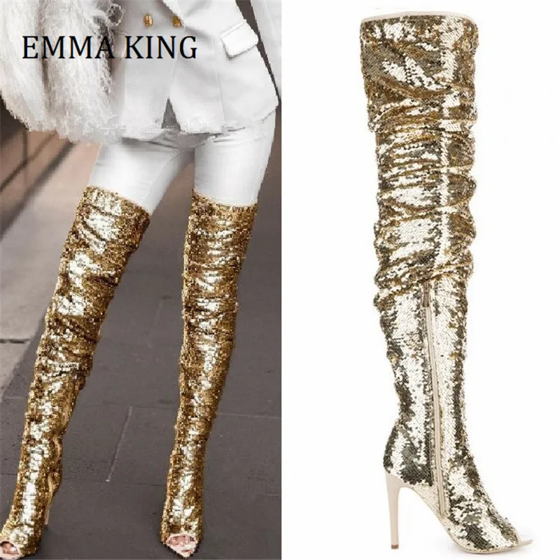 

Spring Autumn Women Bling Sequins Boots Peep Toe Over The Knee Thigh High Boots Side Zip Stiletto High Heels Boots for Women