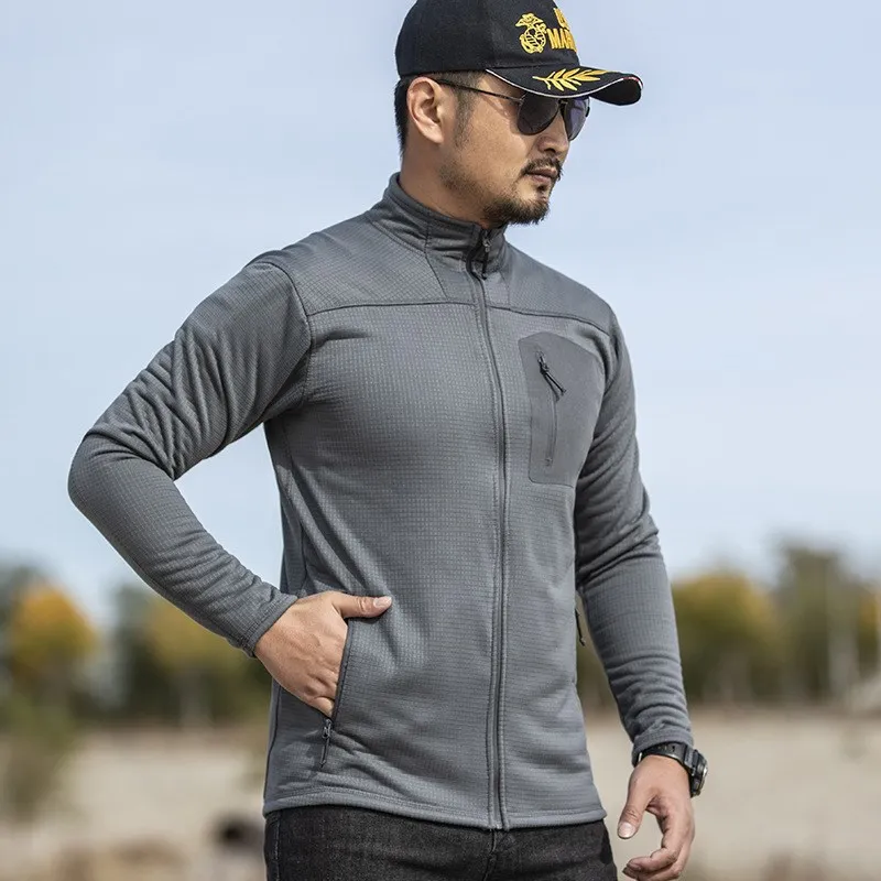 Mens Thin Plaid Fleece Jacket Spring Autumn Stand Collar Cardigan Coat Tops Lightweight Warm Outdoor Sports Jackets Man
