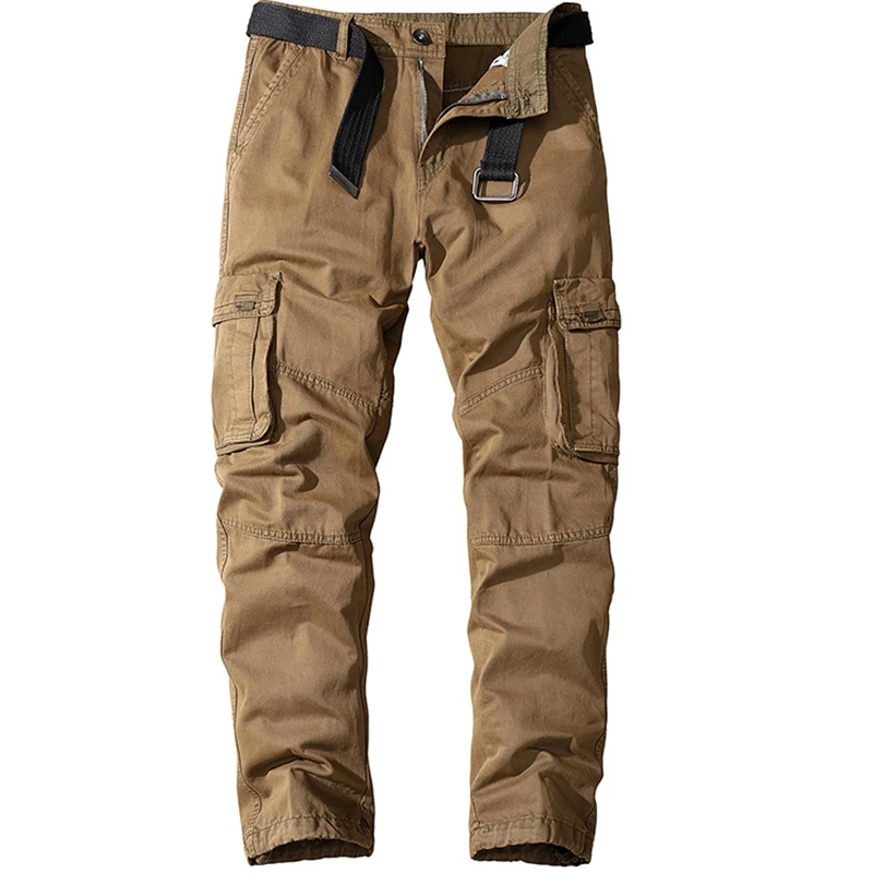 

Fashion Autumn and Winter Men's Cargo Pants 100% Cotton Sports Overalls Solid Color Straight Multi-pocket Trousers Men