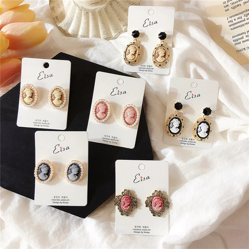 6 Style Vintage Look Antique Lady Queen Relief Oval Acrylic Earring Push Back Stud Fashion Jewelry for Women Cameo Earrings