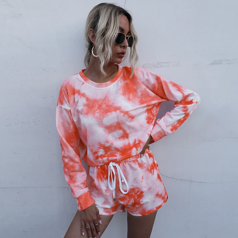 Frauen Tie Dye Bunte Lose Kleidung Zwei Peices Sets Dame Langarm Pullover Oansatz Top + Hohe Taille Kordelzug Shorts