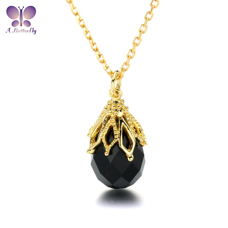 

100% 9K Gold Black Agate Pendant Necklace Fashion Fine Jewelry Birthday Gift Chain 45Cm