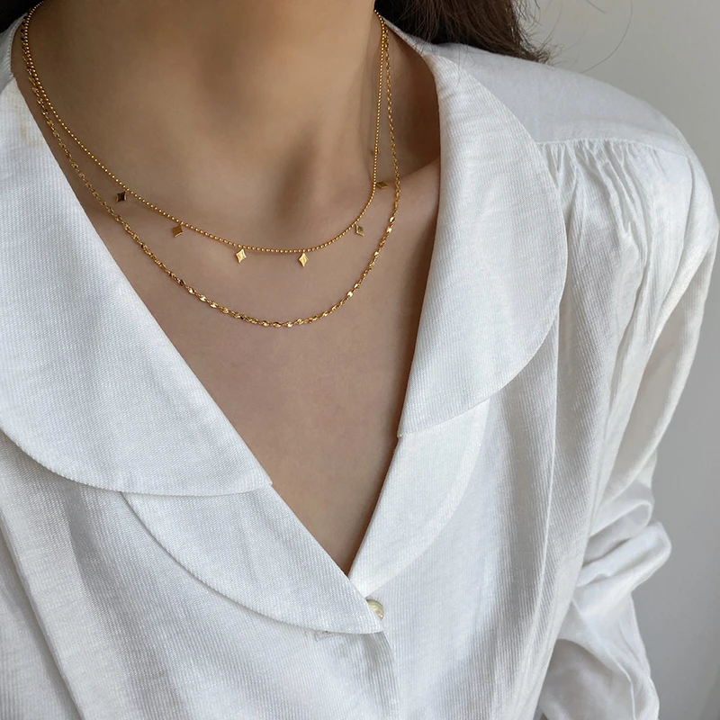 

Titanium Geo Layered Beads Chain Necklace Women Stainless Steel Jewelry OL Designer T Show Runway Sweety Boho Japan Korean