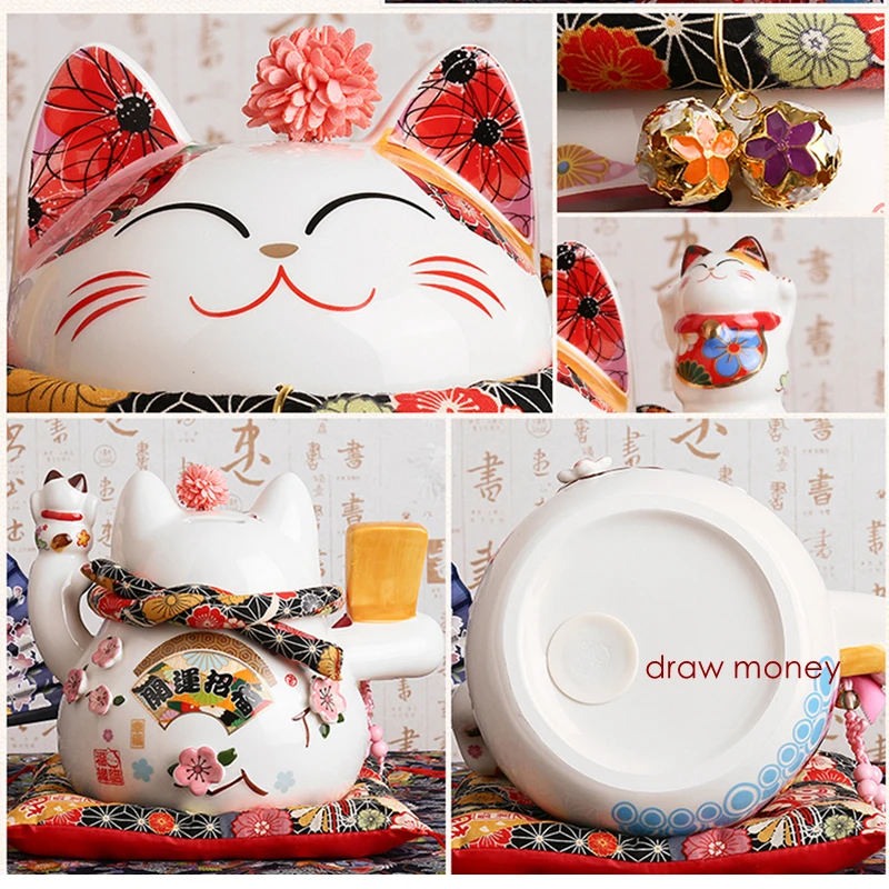 9 Inch Ceramic Fortune Lucky Cat Maneki Neko Ornament Home Decoration Gift Feng Shui Piggy Bank Centerpiece