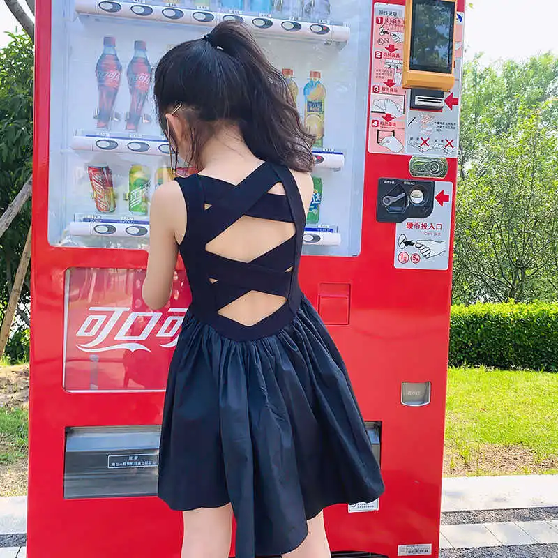

Young Girls Elegant Goth Dresss Black Sleeveless Tutu Dress Backless Off Shoulder Party Kid Dresses 4 5 6 8 9 10 11 12 Years Old