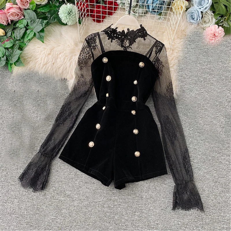 Two Set Autumn Long Sleeve Lace Embroidery Shirt Women Double Breasted Playsuits Slim Velvet Jumpsuits Female Bodysuit Suit 2056