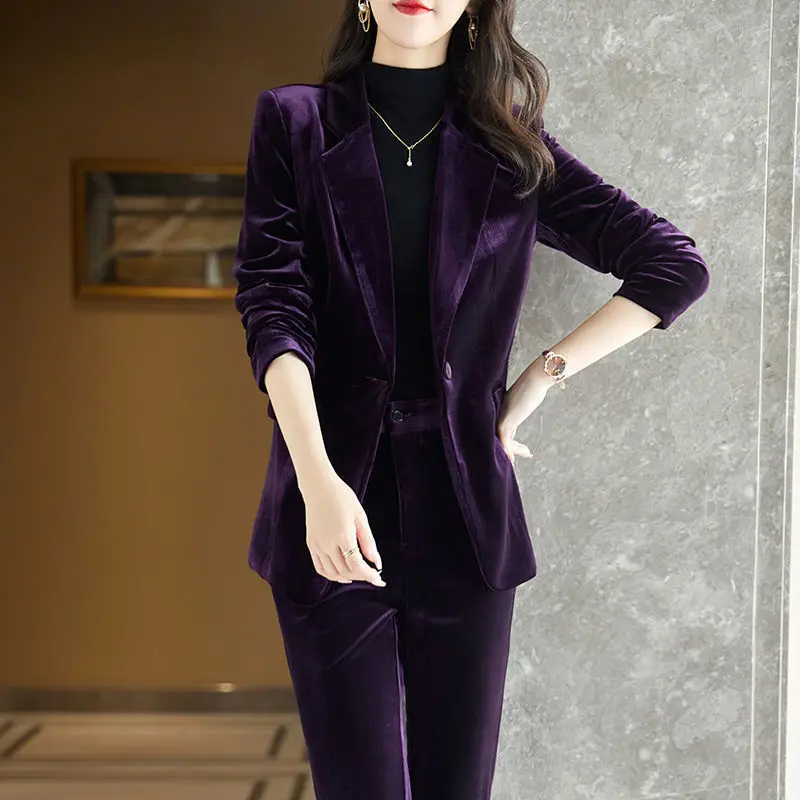 Giacca e pantaloni da donna High Sense of Purple Suit due pezzi primavera e autunno New Gold Velvet Office Professional Suit Km1253