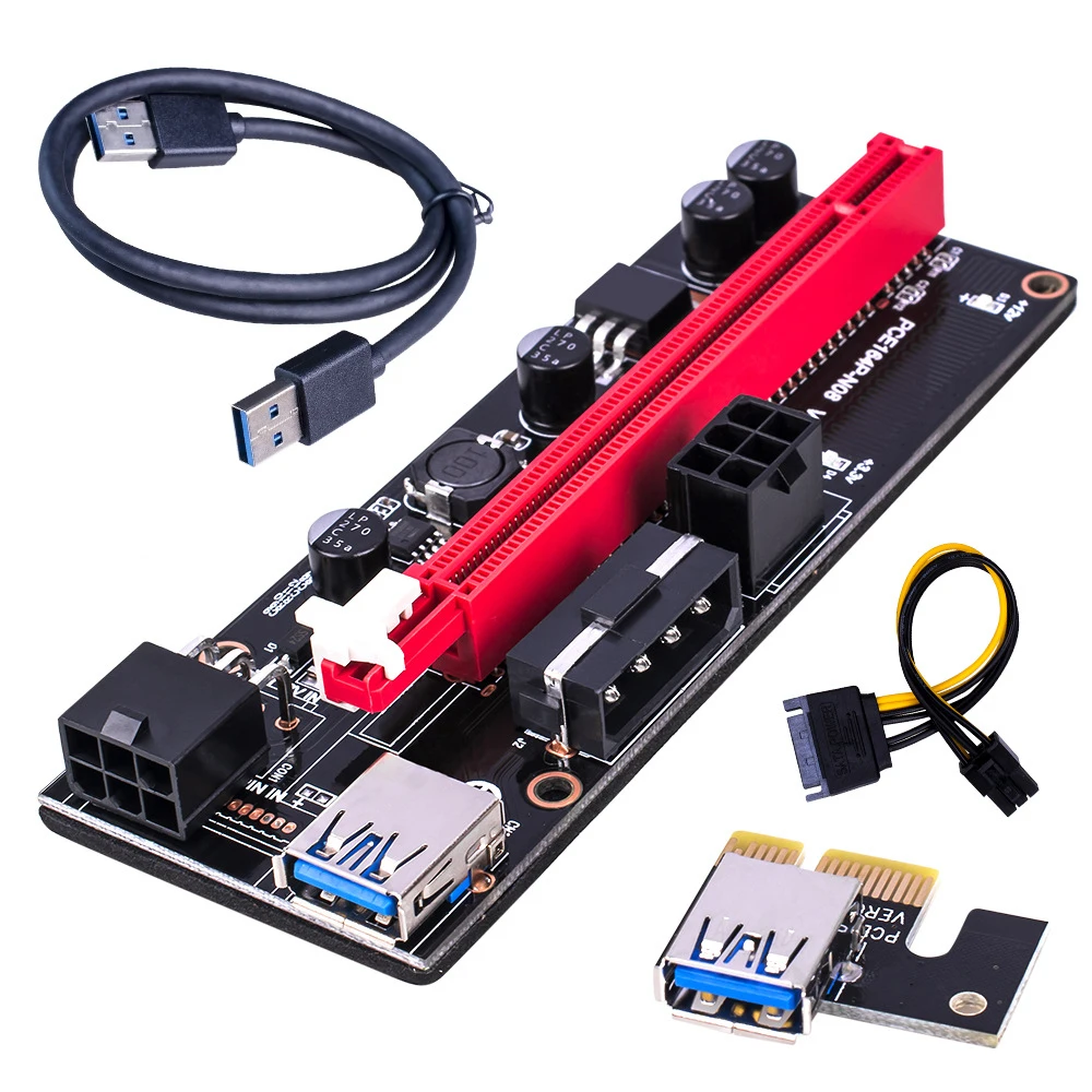 Newest VER009 USB 3.0 PCI-E Riser VER 009S Express 1X 4x 8x 16x Extender Riser Adapter Card with SATA 15pin to 6 pin Power Cable