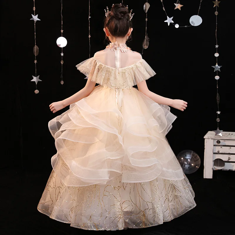 Elegant Champagne Girls Dress Sequin Flower Girls Wedding Evening Clothes Princess Party Long Gown Formal Holy Communion Dress