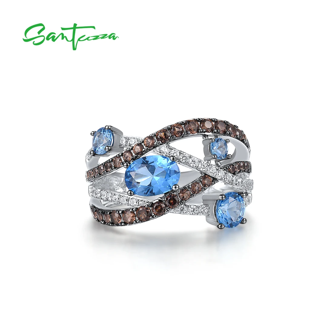 SANTUZZA Authentic 100% 925 Sterling Silver Rings For Women Sparkling Brown Blue Spinel White CZ Dazzling  Trendy Fine Jewelry