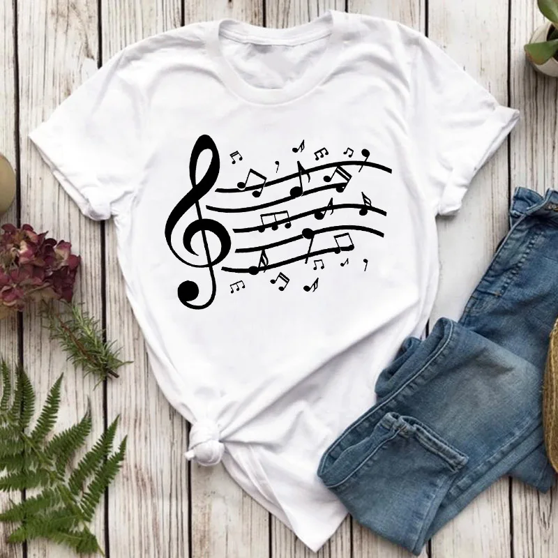 Tee shirt femme 2024 Summer Music Notes Print Female Tee Tops Graphic Harajuku Korean Short Sleeve Casual Fashion Tshirt Femme