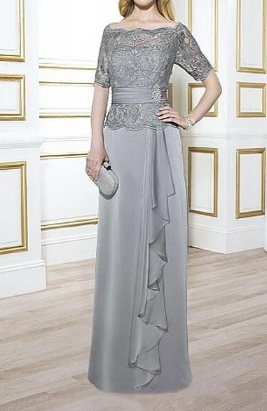 

Silver Grey Mother of the Bride Dress Off Shoulder Half Sleeve Ceremony Wedding Satin Chiffon Formal Plus Size Evening Prom Gown