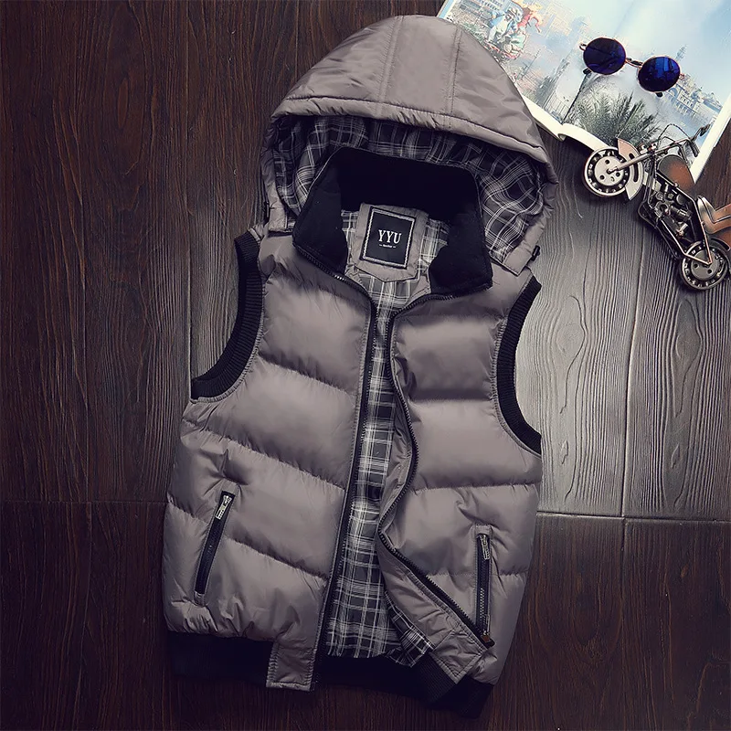 Brand Fashion Men Autumn Winter Vest Hat Detachable Design Male Casual Hooded Waistcoat Sleeveless Jacket 5 Colors Size M-5XL