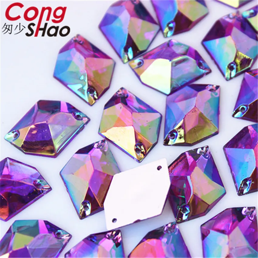 Cong Shao 100pcs 13*17mm AB Color cosmic shape flatback Acrylic rhinestone stones crystals sewing 2 Hole costume Button CS606