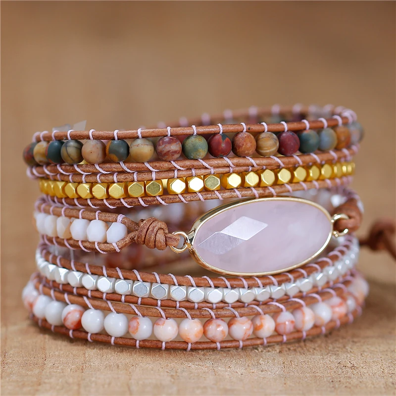 Exclusive Women Rose Quartz Charm 5 Times Beads Wrap Bracelet Leather Strap Multilayers Beadwork Bracelet Boho Jewelry Dropship