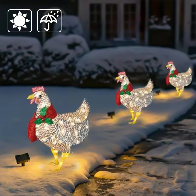 3D Stereo Lighted Chicken with Scarf Courtyard Christmas Led Solar Night Lights Garden Decoration Light-Up Chicken Lantern Lamps