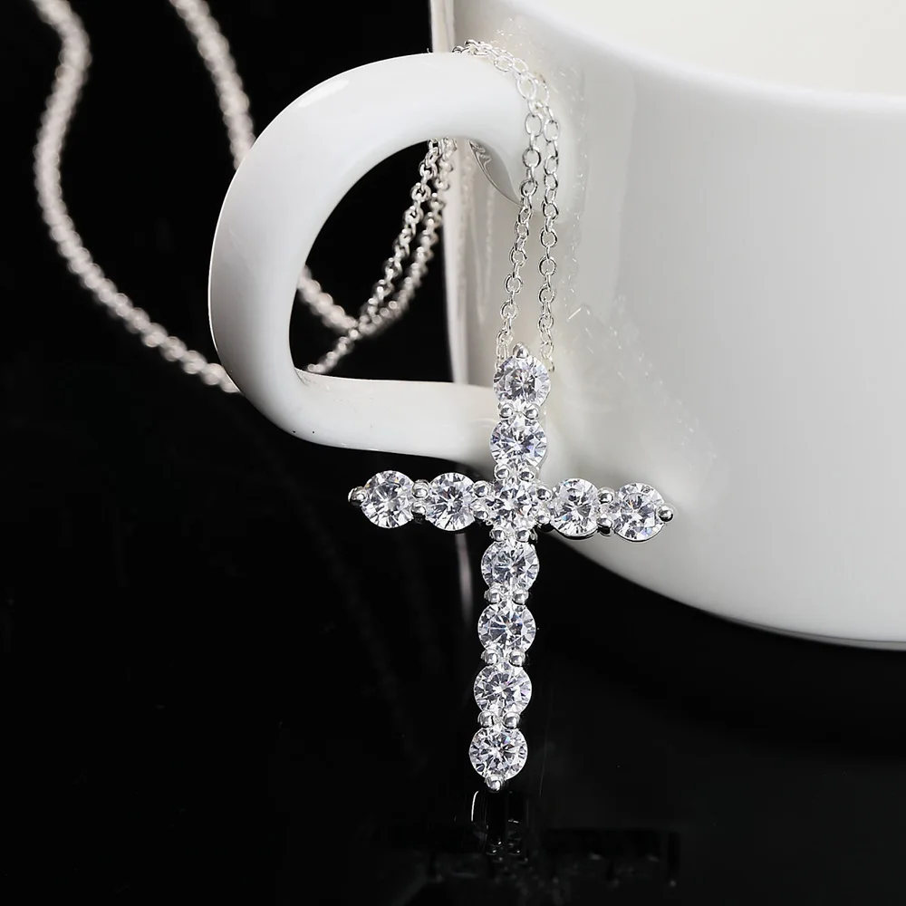 New 925 Sterling Silver Necklace Zircon Cross Pendant Necklace for Woman Men Glamour Jewelry Gift image 4