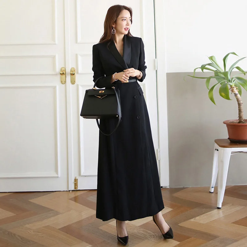 JSXDHK High Quality Double-Breasted Women Long Dress Spring Autumn Notched Collar Long Sleeve Belt Dress Elegant Office OL Dress