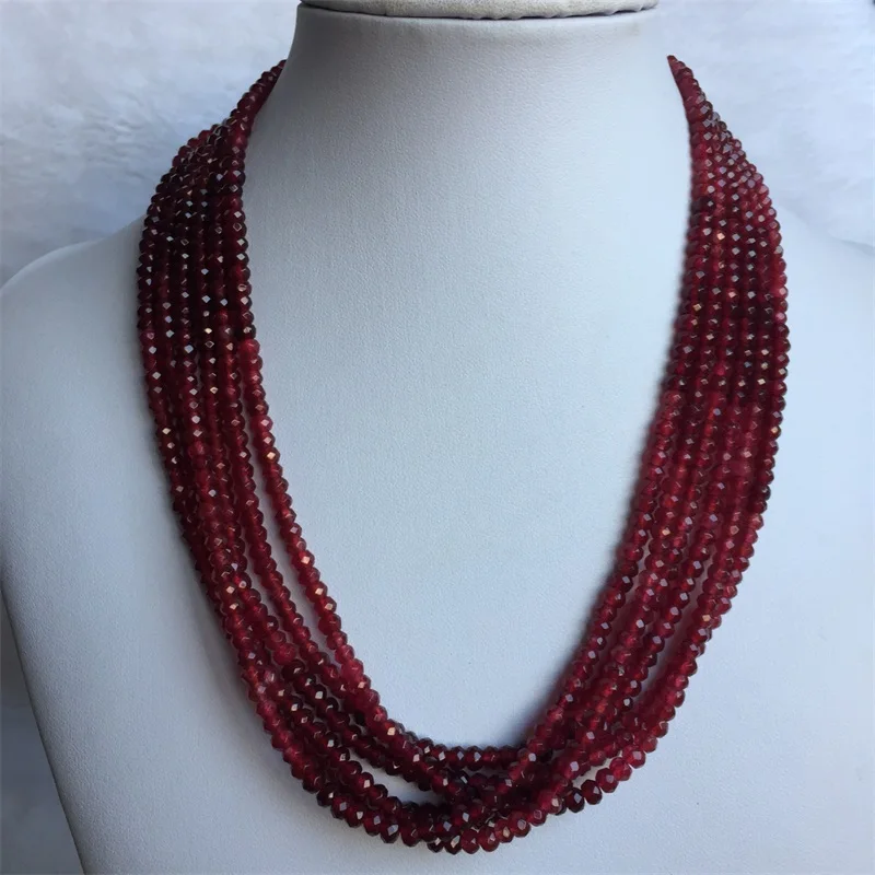 Faceted 3*4MM 1/3/6 Layers Classic Vintage Natural Stone Jewelry Handmade Noble Double Color Red Rubies Bead Strand Necklace