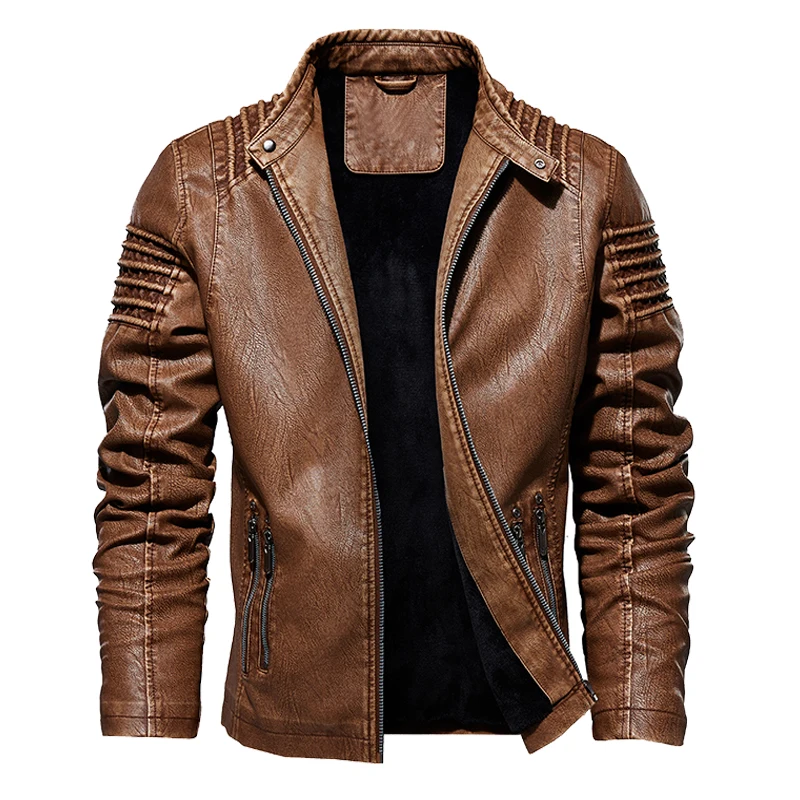 Men's Winter Thick Fleece Leather Jacket Motorcycle Slim Fit Business Oblique Zipper Jacket Outwear Warm Coats M-5XL