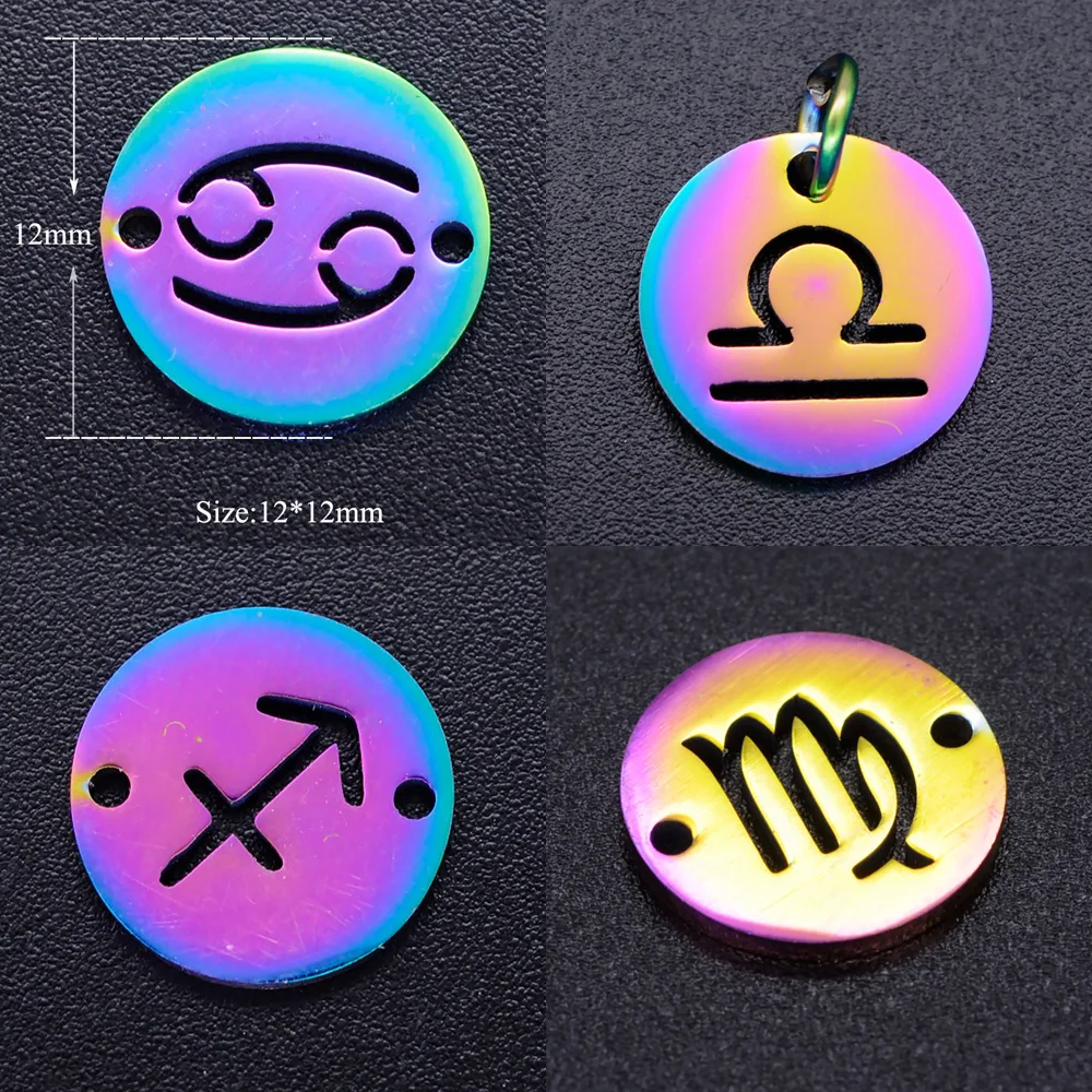 

5pcs/lot Stainless Steel Rainbow Color Twelve Zodiac DIY Constellation Charms Connectors for Making Jewelry Accessories 12*12mm