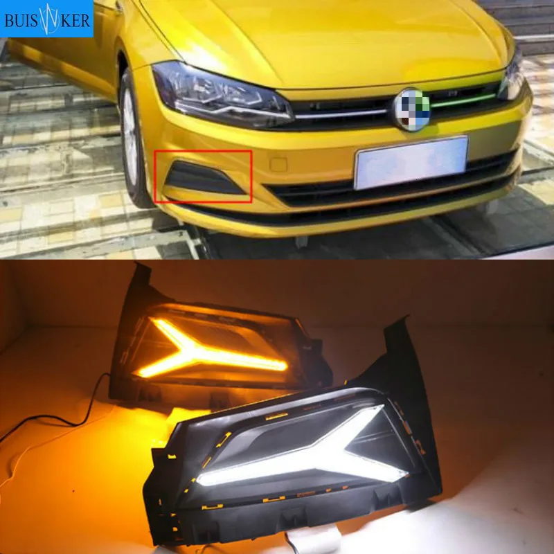 

2PCS LED Daytime Running Light For For Volkswagen Polo 2018 2019 Dynamic Yellow Turn Signal 12V DRL Fog Lamp Decoration