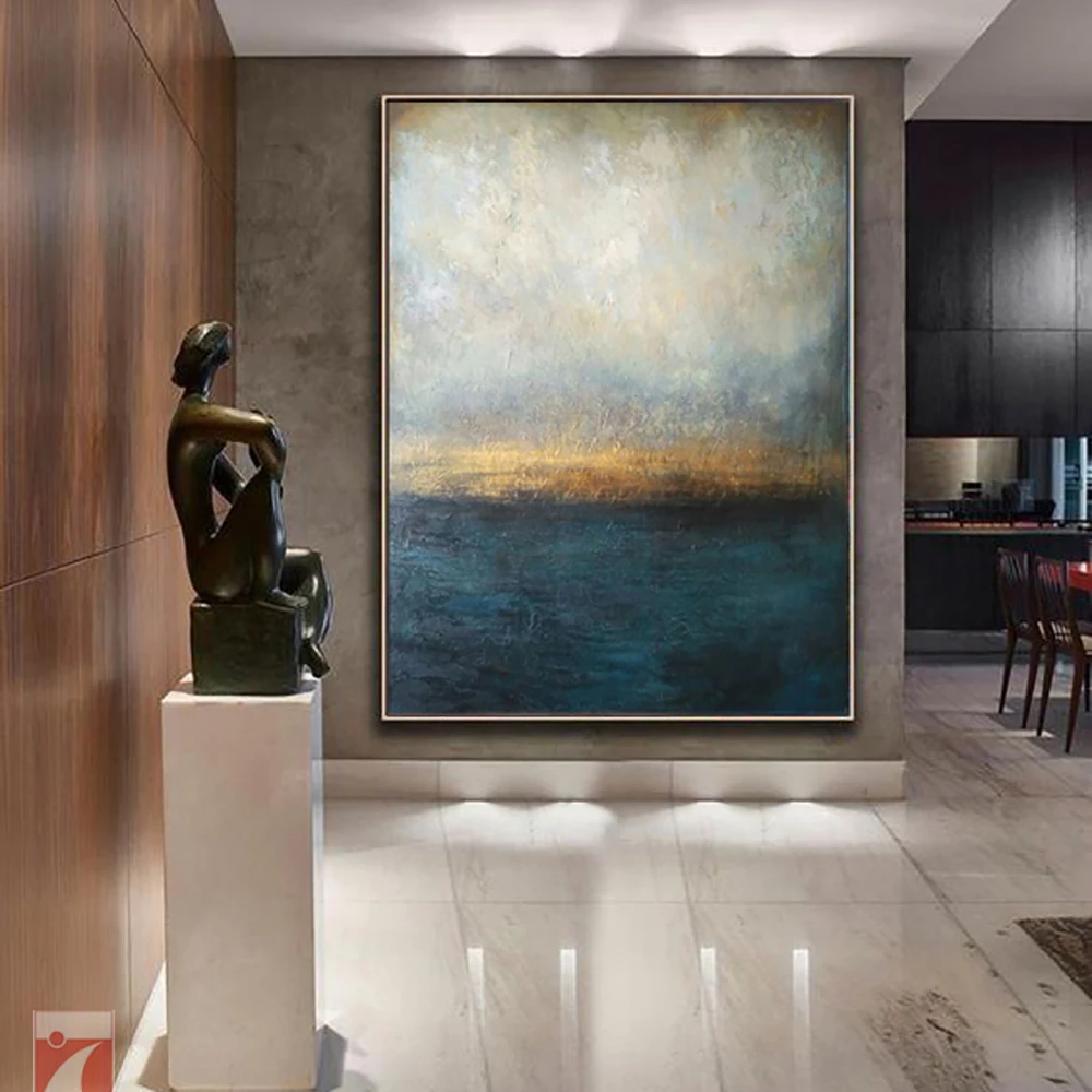 Hand Painted Impression Oil Painting On Canvas Modern Abstarct Blue Ocean Oil Painting Wall Art For Living Room Office Decor