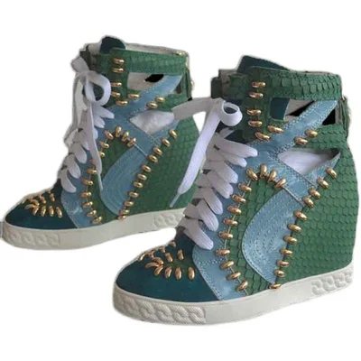 Newest Patchwork Height Increasing Women Causal Wedges Boots Sneakers Genuine Leather Python Studs Lace Up Platform Shoes Woman