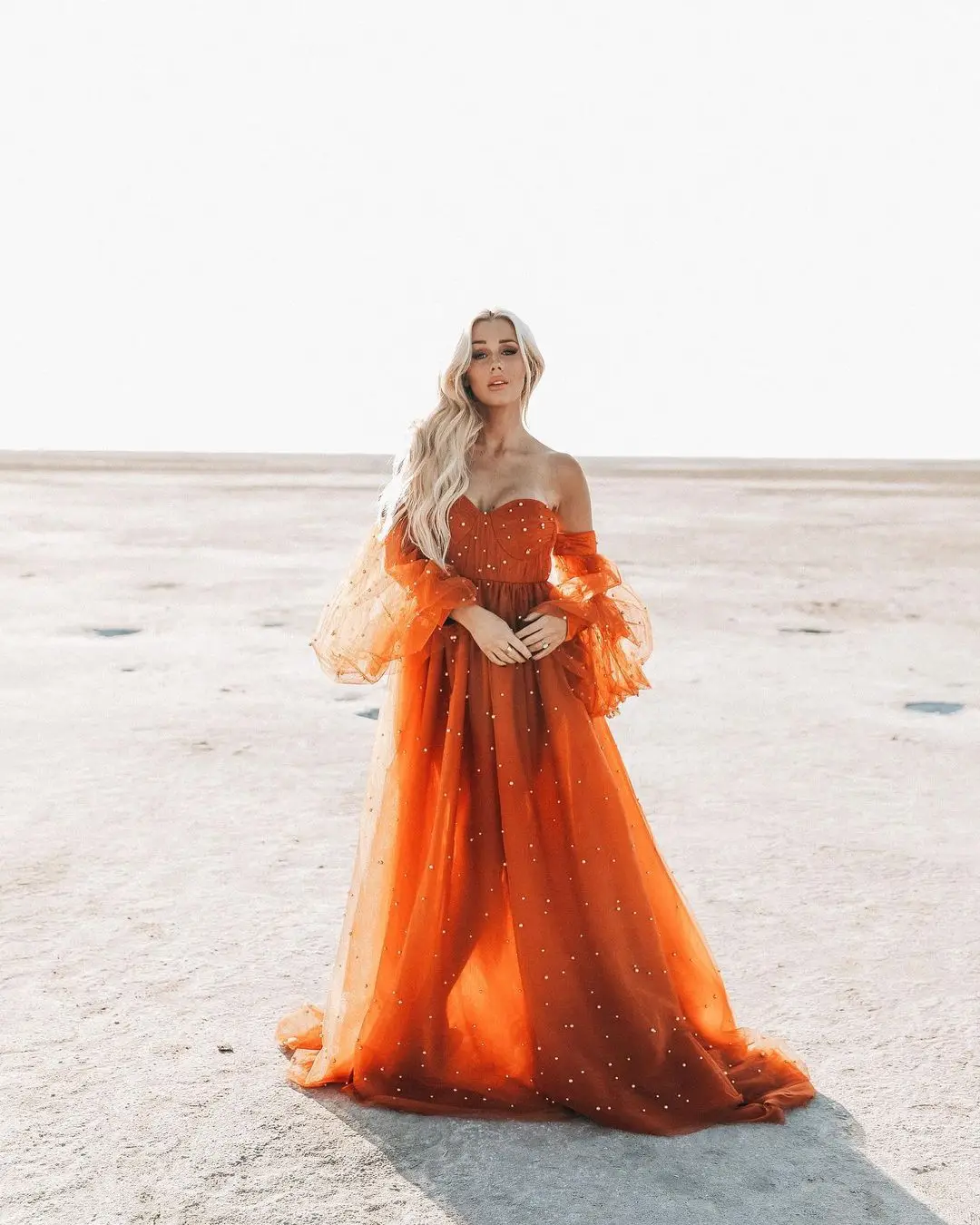 Off-Shoulder Orange Prom Dress Pearl Long Tulle Dress A-line Long Sleeve Evening Dresses Autumn Elegant Birthday Dress Long Robe