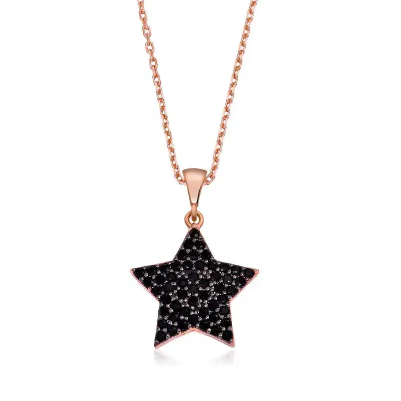 Silver Black Stone Star Women's Necklace Zircon Stone 925 Sterling Women Fine Jewelry Wedding Party Birthday Gift - Jeweled - Box - Pendant - Chain Choker - Female - Ladies - Fashion