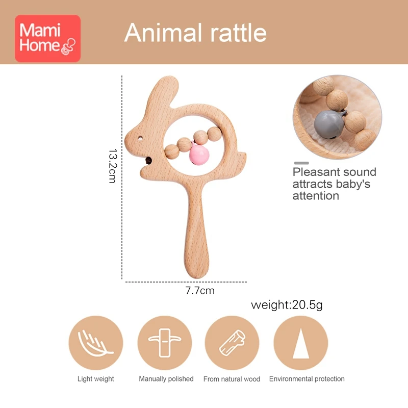 Hochet en bois sans BPA pour bébé, anneau Musical, jouet éducatif pour nouveau-né, Animal rongeur, lapin