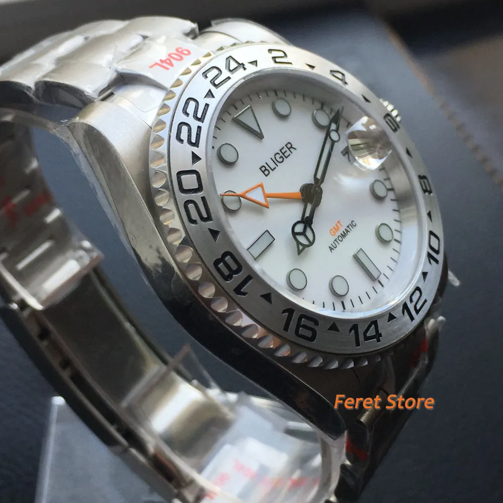 BLIGER New 40mm Men's Top Luxury Mechanical Watch White Dial Sapphire Glass Metal Bezel Date Window Orange GMT Automatic Watch image 3