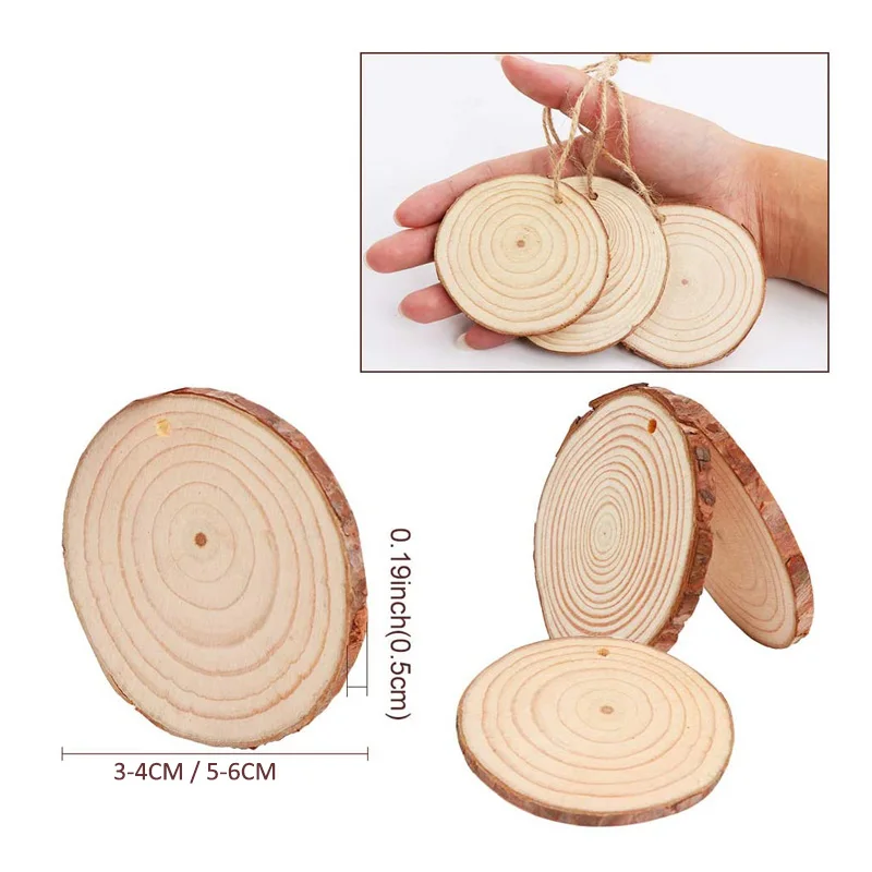 10Pcs Natural Pine Wood Slices DIY Craft Unfinished Wood Kit Predrilled with Hole Circles Arts Party Christmas Ornaments 3-6CM