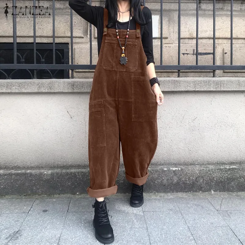 Vintage Corduroy Jumpsuits Women\'s Autumn Pants 2023 ZANZEA Casual Suspender Wide Leg Playsuits  Rompers Trousers