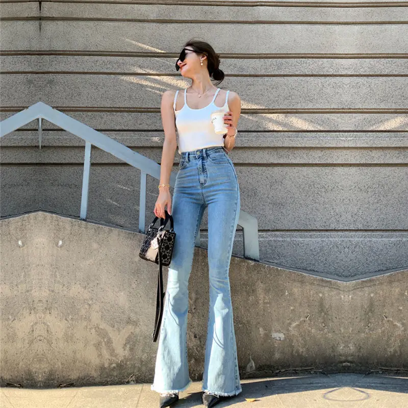 

Women's Casual High Waist Slim Flare Jeans High Street Vintage Stretchable Boot Cut Denim Pants Lady Chic Skinny Denim Trousers