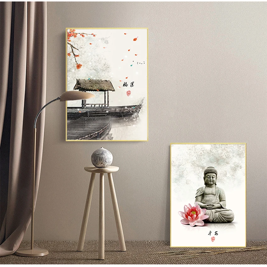 for Living Room No Framed New Chinese ink Flowers Buddha Wall Art Print Picture Canvas Painting Poster