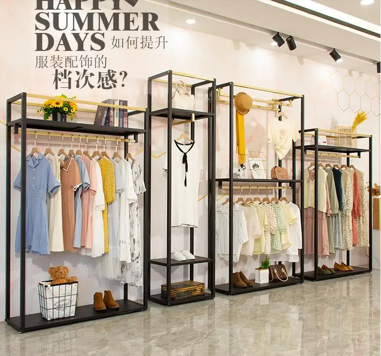 

Clothing store hanging clothes pole display rack floor type combination rack women's clothing store display rack gold clothes ra