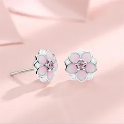 New Beautiful Magnolia Flower 925 Sterling Silver Jewelry Fashion Lover Birthday Gift Pink Crystal Popular Stud Earrings E042