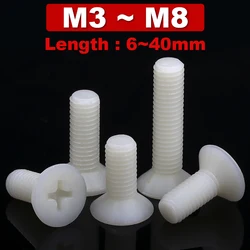 50Pcs M3 M4 M5 M6 M8 Nylon Flat Head Screw,countersunk Head Cross Bolt, White Plastic Machine Screw, Insulated Plastic Screw