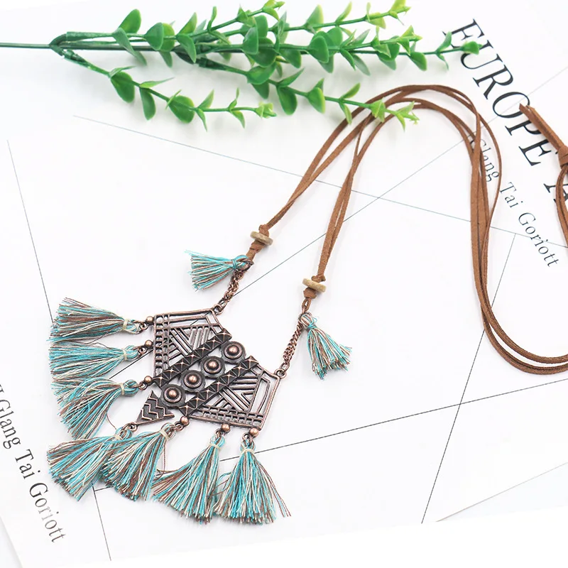 Bohemia Long tassel women\'s necklaces Long Leather chain Sweater chain Ethnic round tassel necklaces for women wholesale