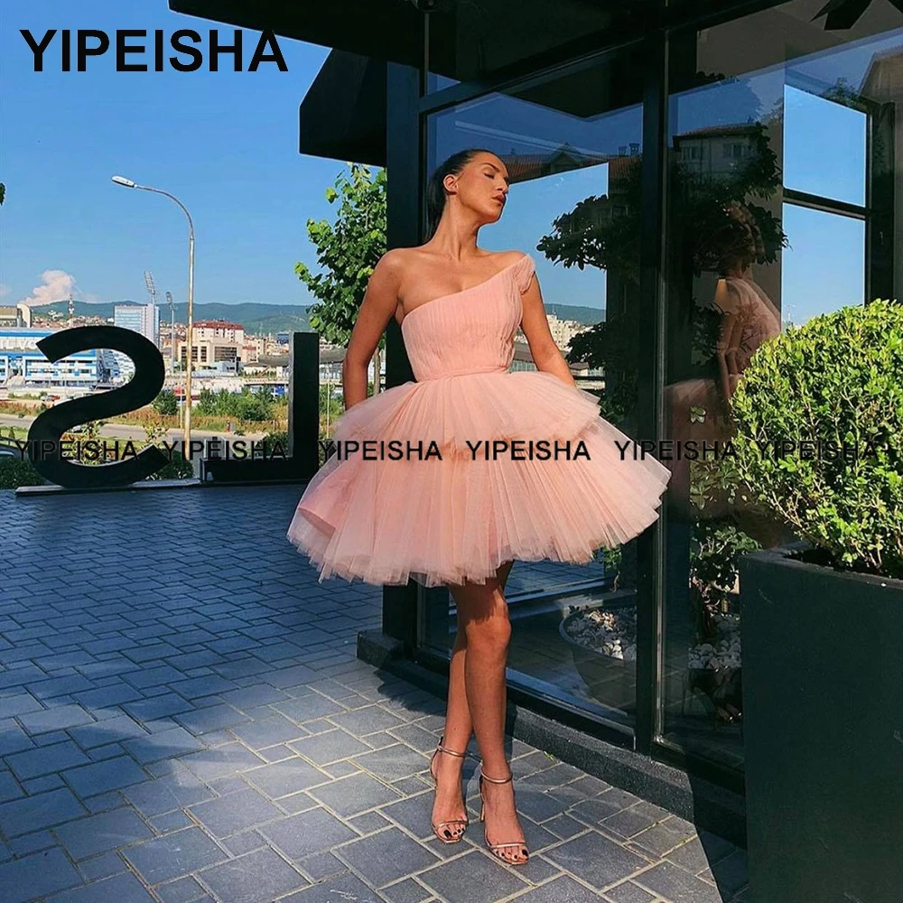 Yipeisha-チュールのカクテルドレス,地面の長さ,プリーツ,ピンク,非対称,裸の肩,ボールガウン