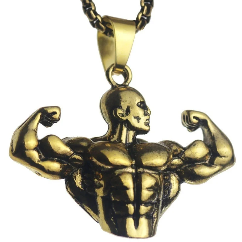 Bodybuilding Arm Muscle Man Statue Pendant Men's Sports Fitness Necklace Fashion Punk Hip Hop Party Men's Jewelry Accessories