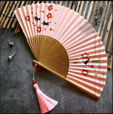 Japanese style Japanese kimono bamboo folding fan cotton hemp cloth black cat cherry blossom cosplay props A