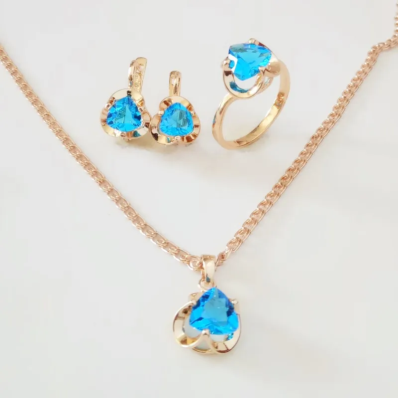 New Fashion Office Style 585 Rose Gold Color Women Jewelry Set Blue Cubic Zirconia Earring/Necklace/Ring Sets