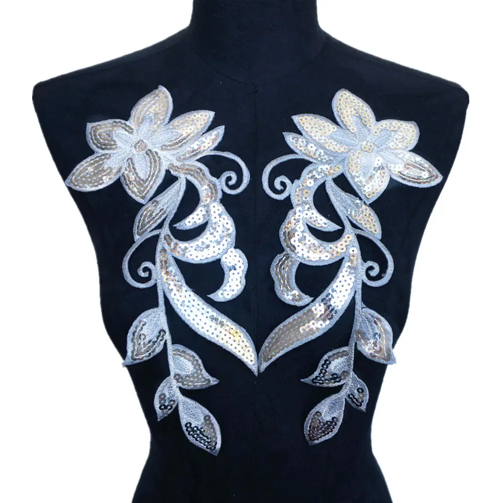 2PCS Gold Silver Sequin Flower Tassel Embroidered Gown Appliques Iron Sew On Patches Fabric Collar For Wedding Decor Dress DIY