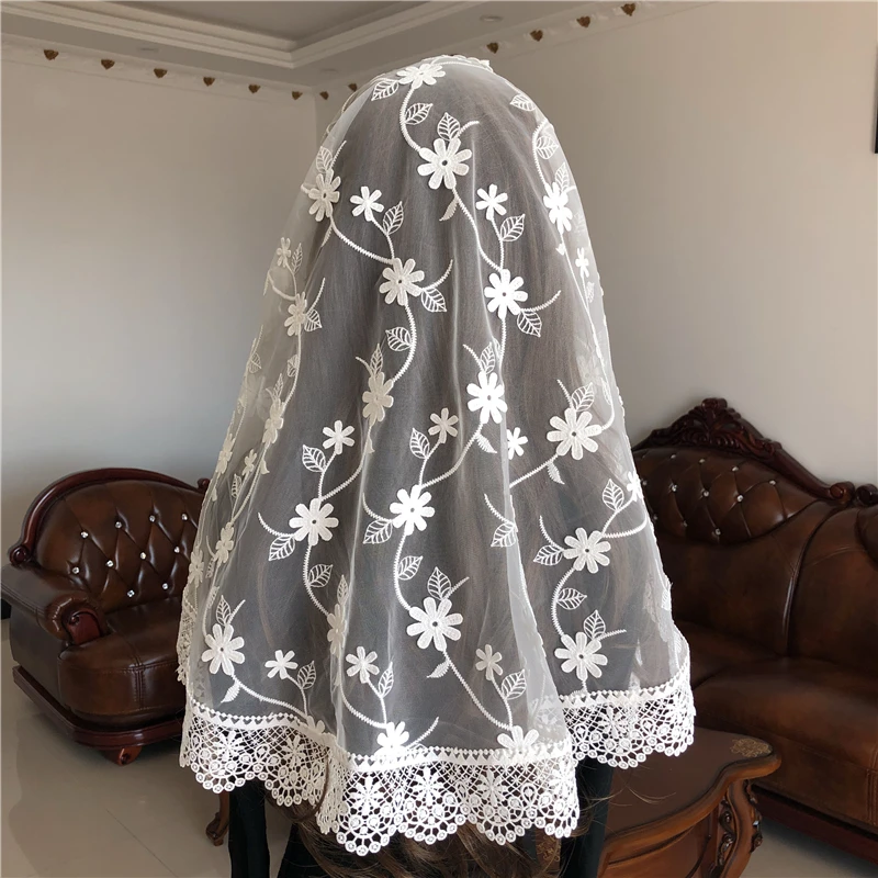 White Mantilla Lace Catholic Veil for Chapel Church 3D Floral Head Cover Elegant Ladies Scarf Latin Mass Vela Voile Dentelle