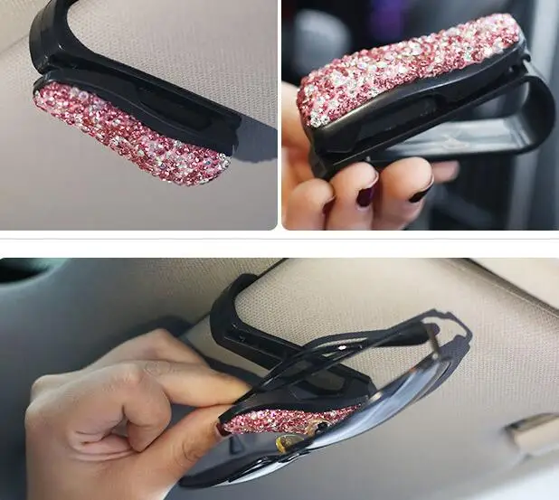 Auto Fastener Clip Rhinestone Diamond Car Sun Visor Glasses Sunglasses folder Ticket Receipt Card Clip Storage Holder